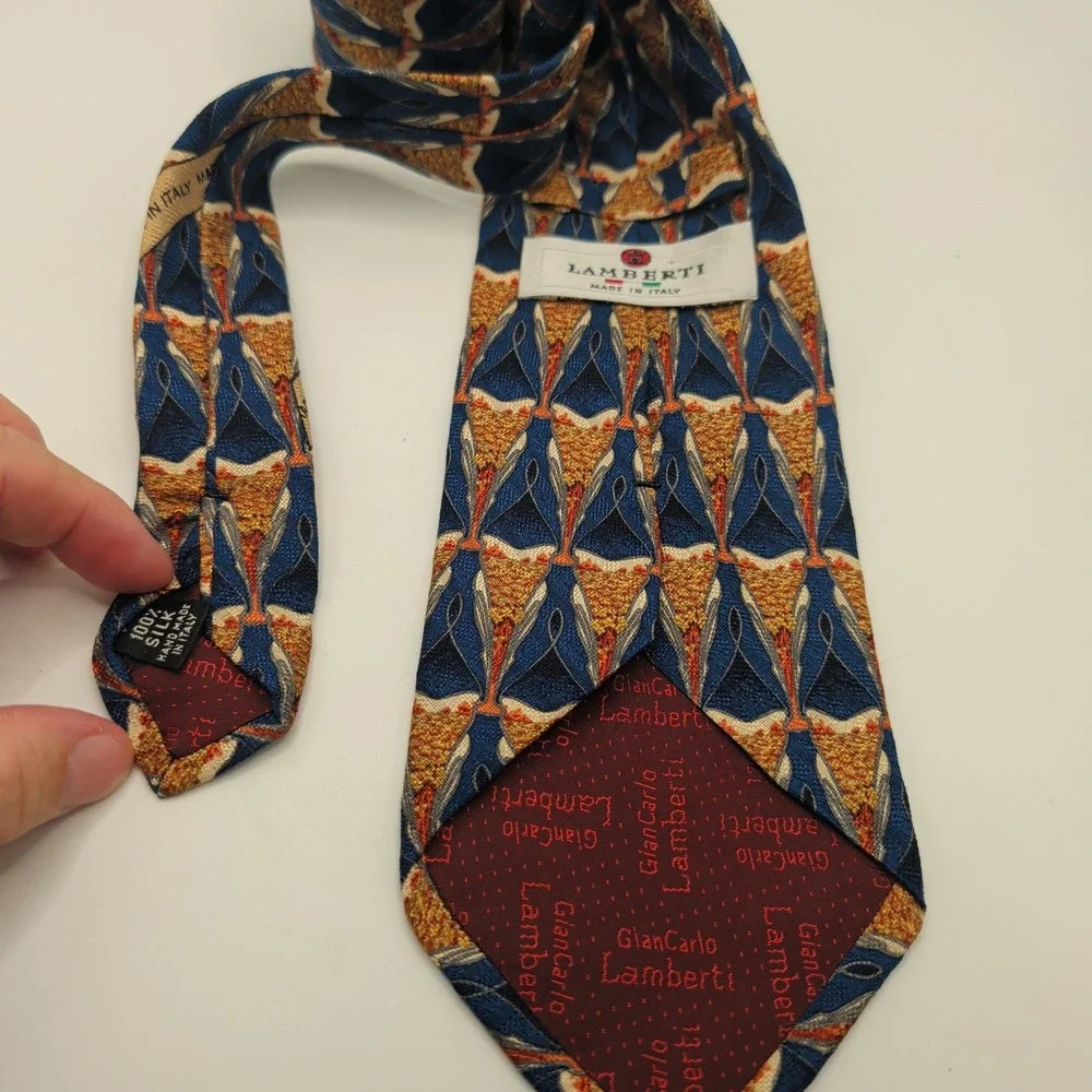 GianCarlo Lamberti Tie Mens Blue Gold Geometric Silk Hand Made Italy Retro